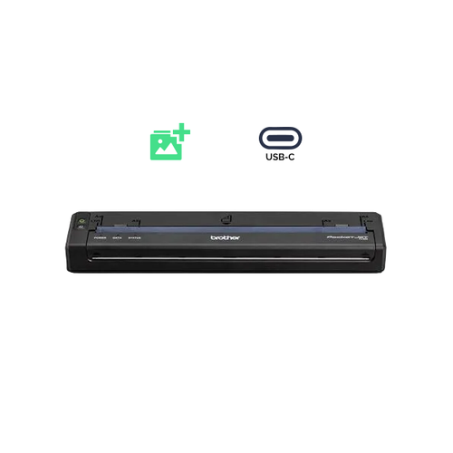 Brother printer on a white background with USB-C and hq+ icons.