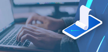 banner of a person hands browsing through digital documents in a laptop