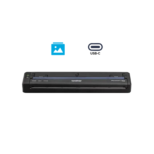 Brother portable printer with USB-C connection on a white background
